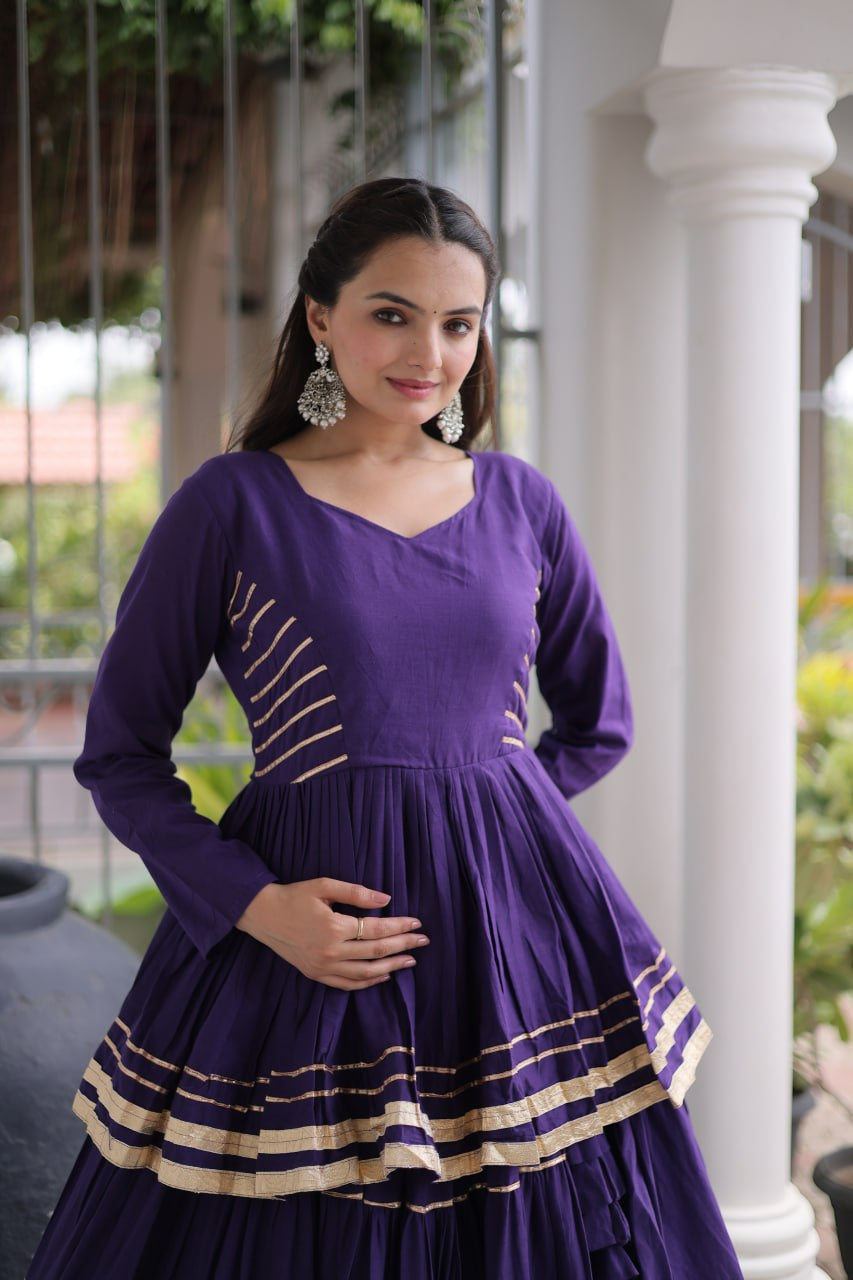 Womenline Royal Purple Tiered Navratri Lehenga Choli with Golden Border