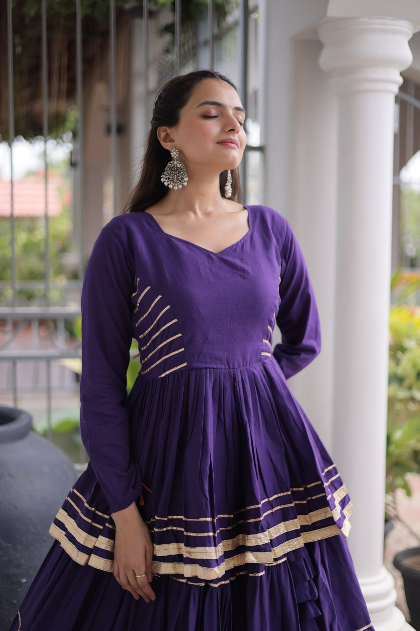 Womenline Royal Purple Tiered Navratri Lehenga Choli with Golden Border