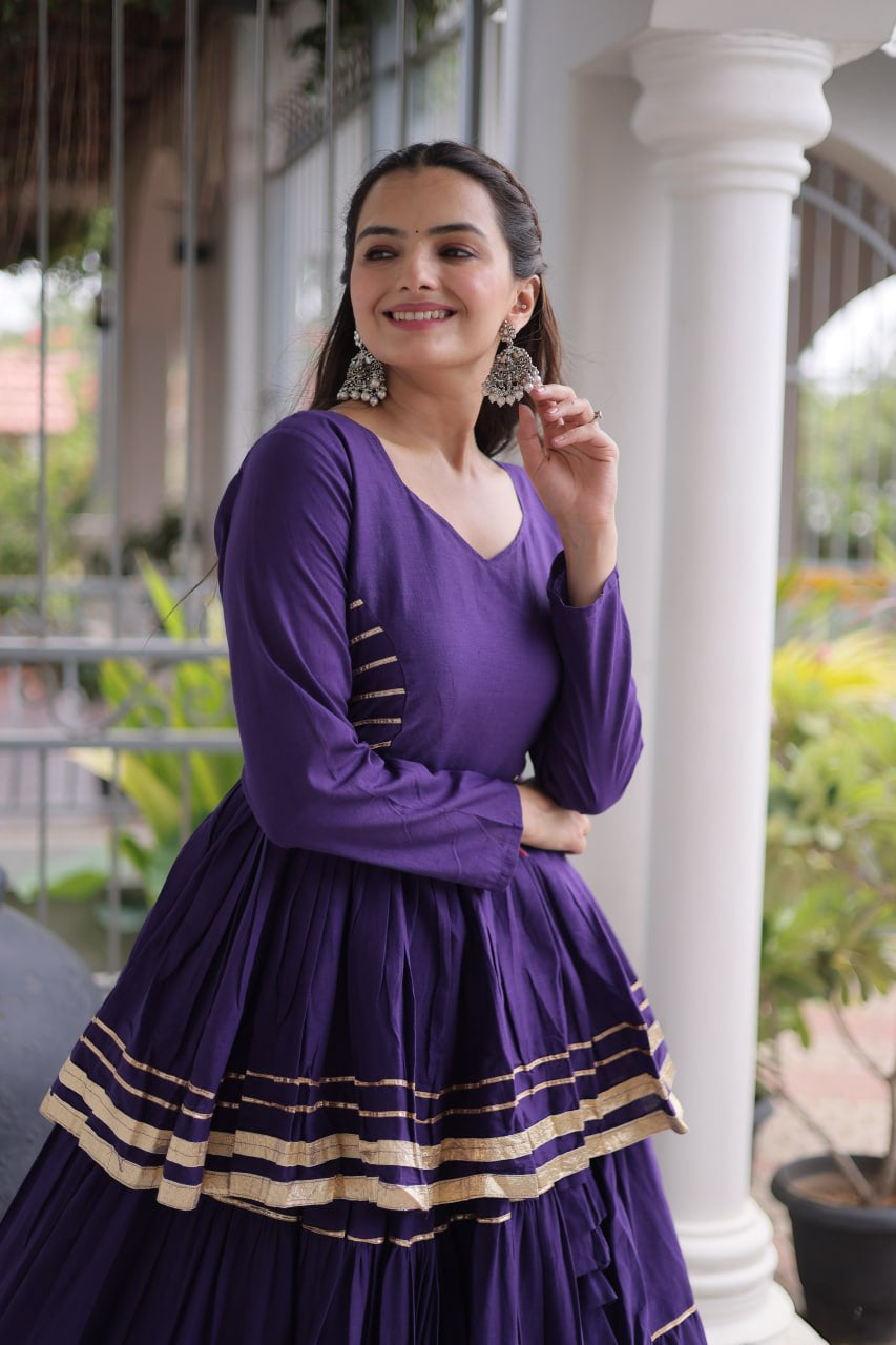 Womenline Royal Purple Tiered Navratri Lehenga Choli with Golden Border