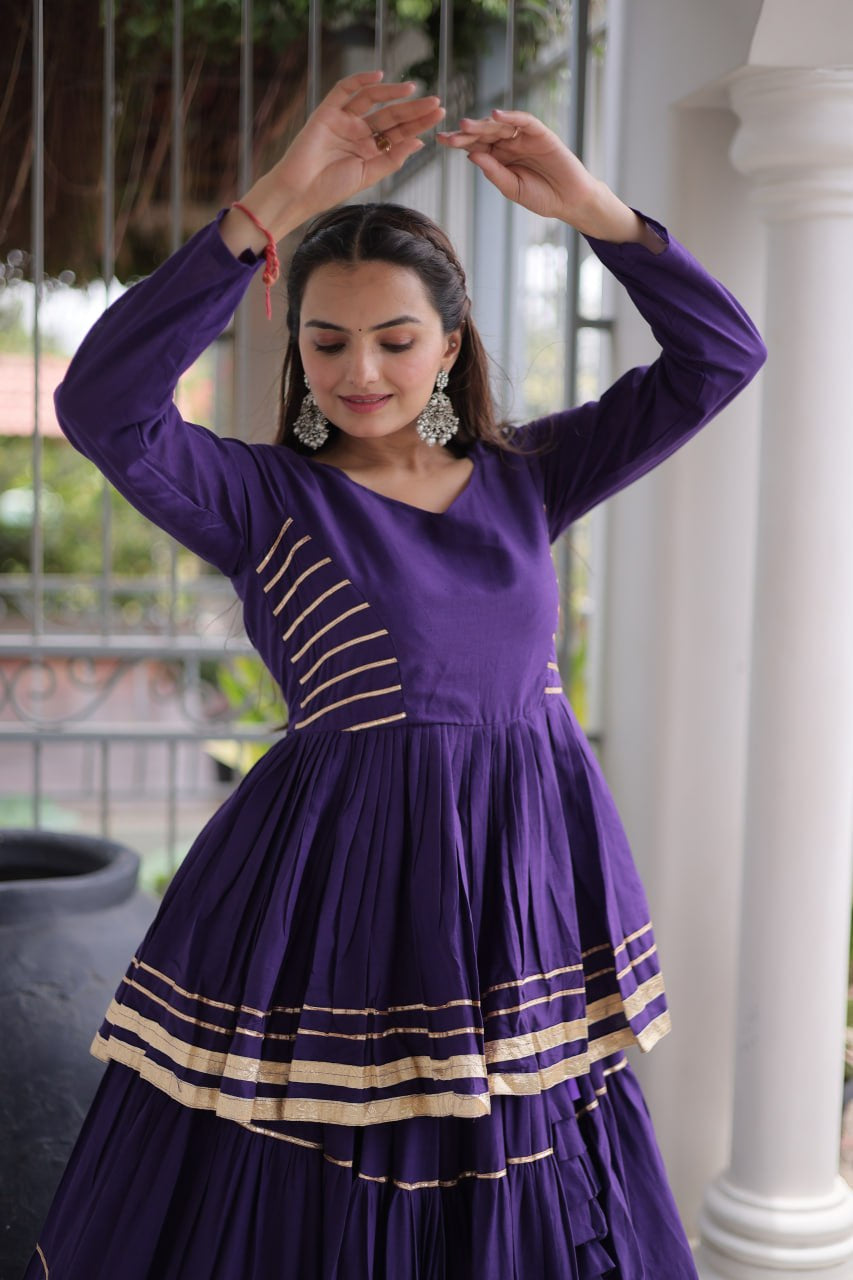 Womenline Royal Purple Tiered Navratri Lehenga Choli with Golden Border