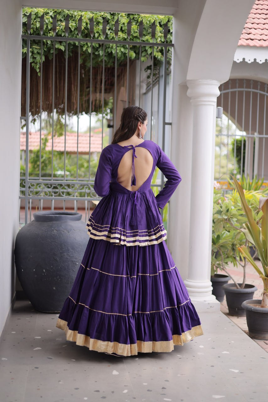 Womenline Royal Purple Tiered Navratri Lehenga Choli with Golden Border