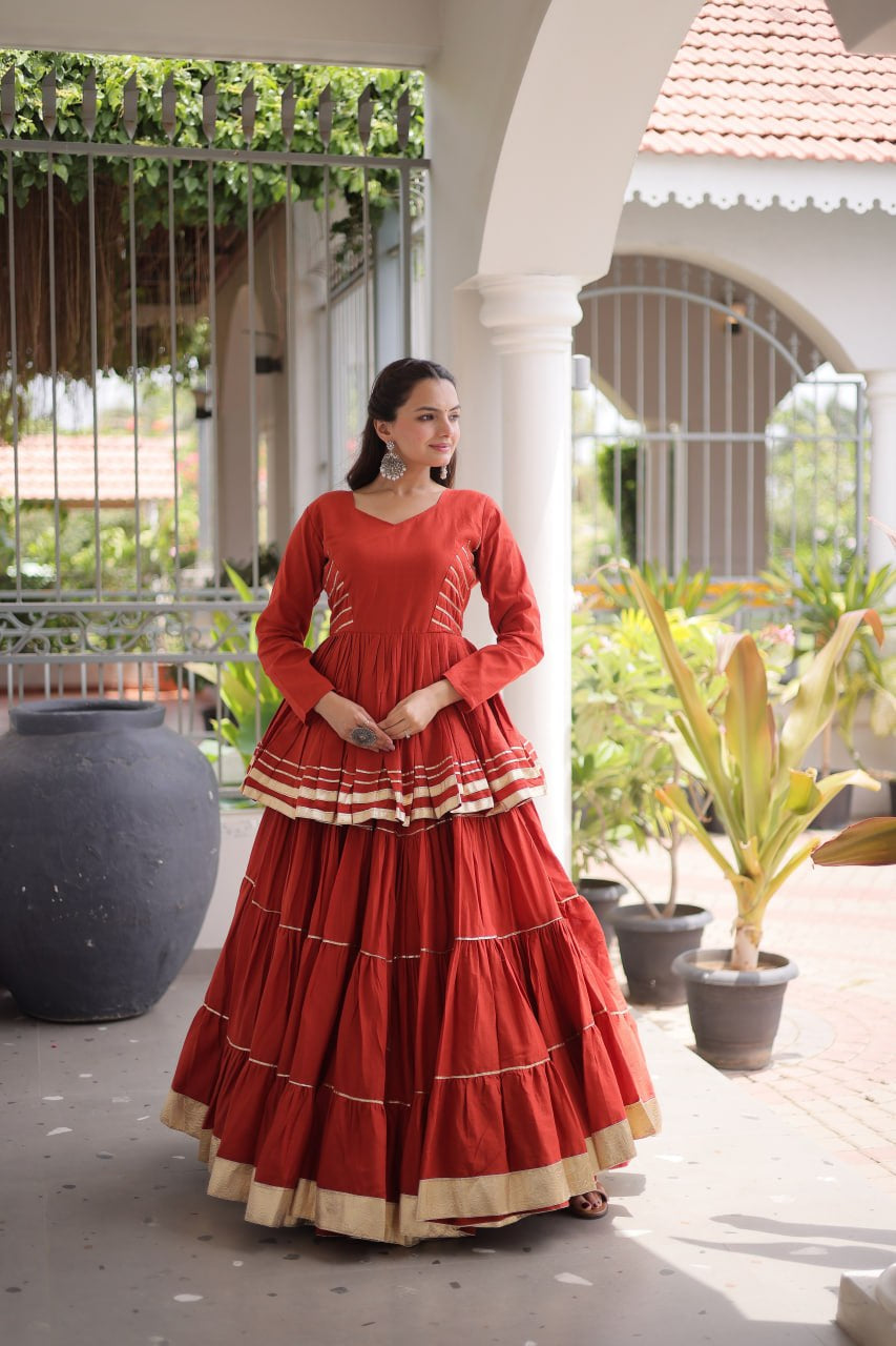 Womenline Rust Orange Tiered Navratri Lehenga Choli with Golden Border