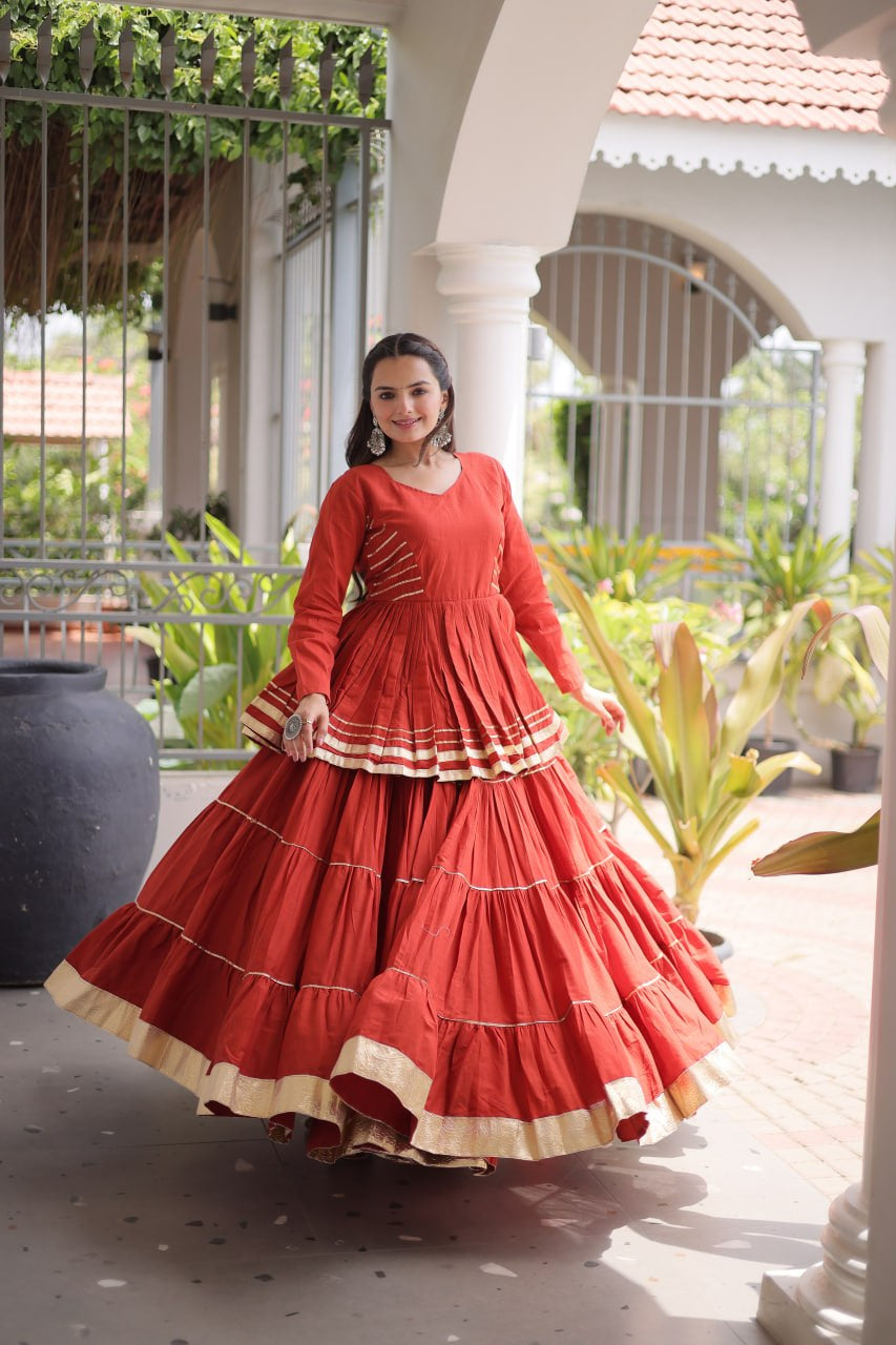 Womenline Rust Orange Tiered Navratri Lehenga Choli with Golden Border
