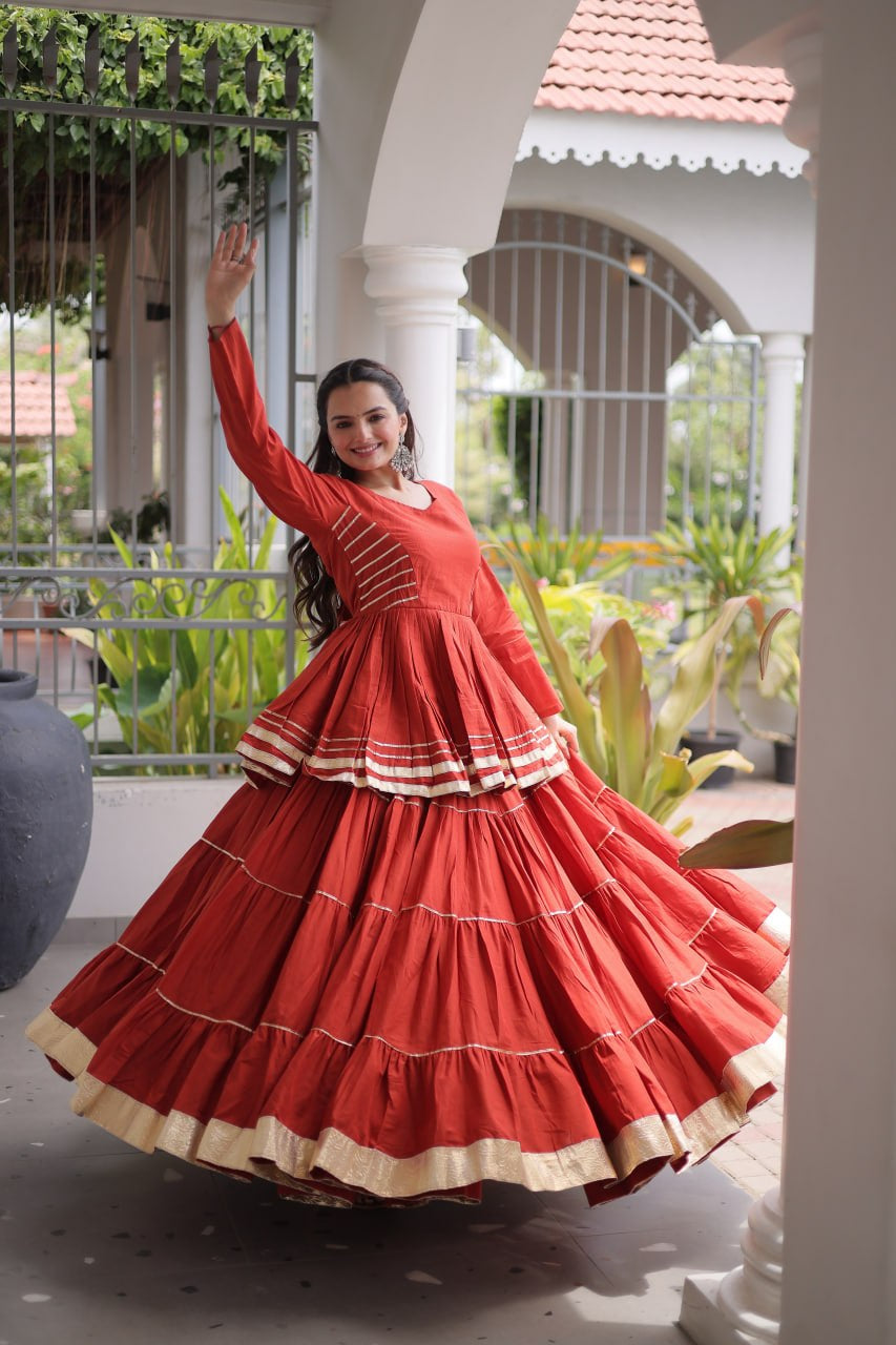 Womenline Rust Orange Tiered Navratri Lehenga Choli with Golden Border