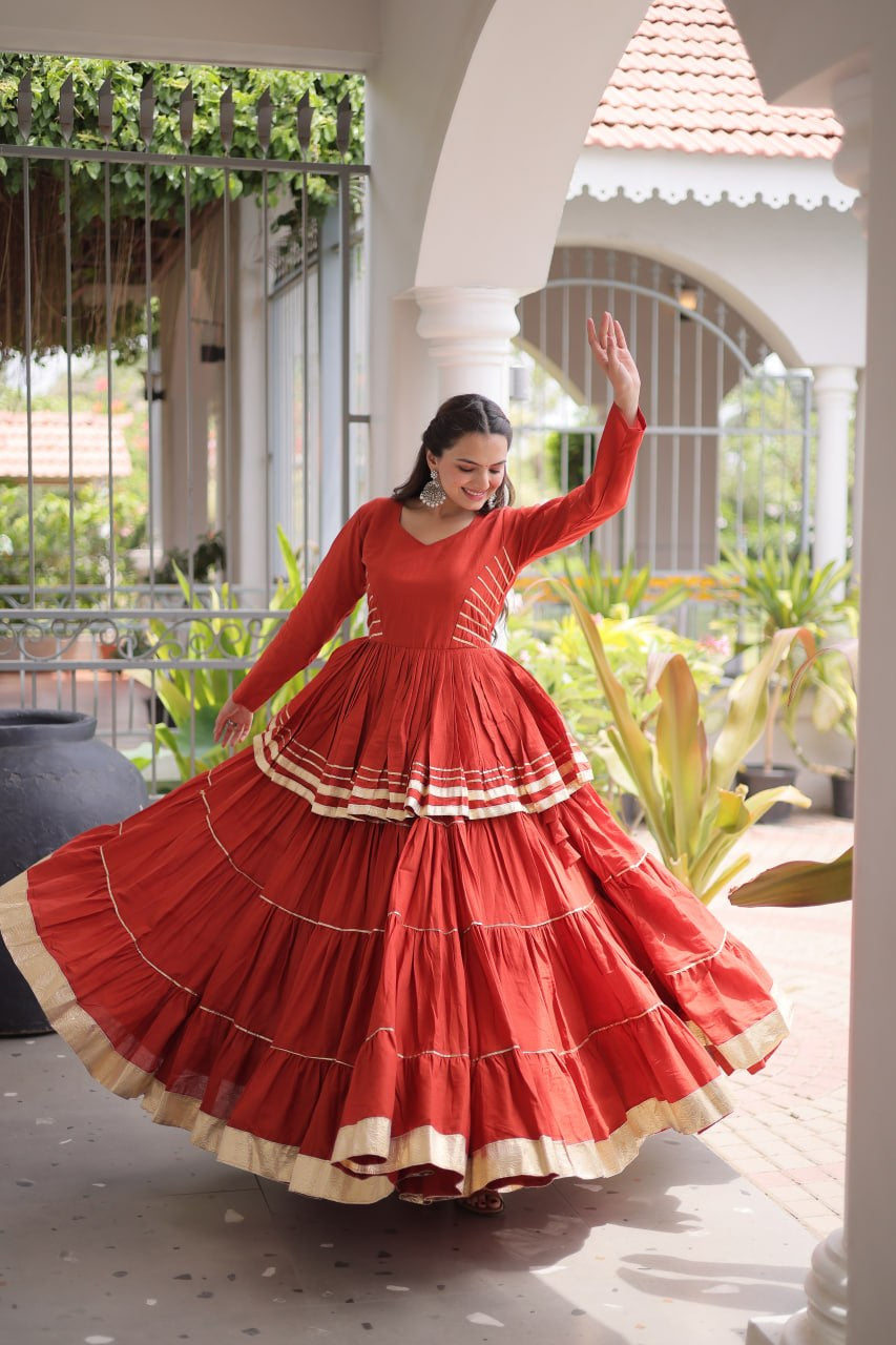 Womenline Rust Orange Tiered Navratri Lehenga Choli with Golden Border