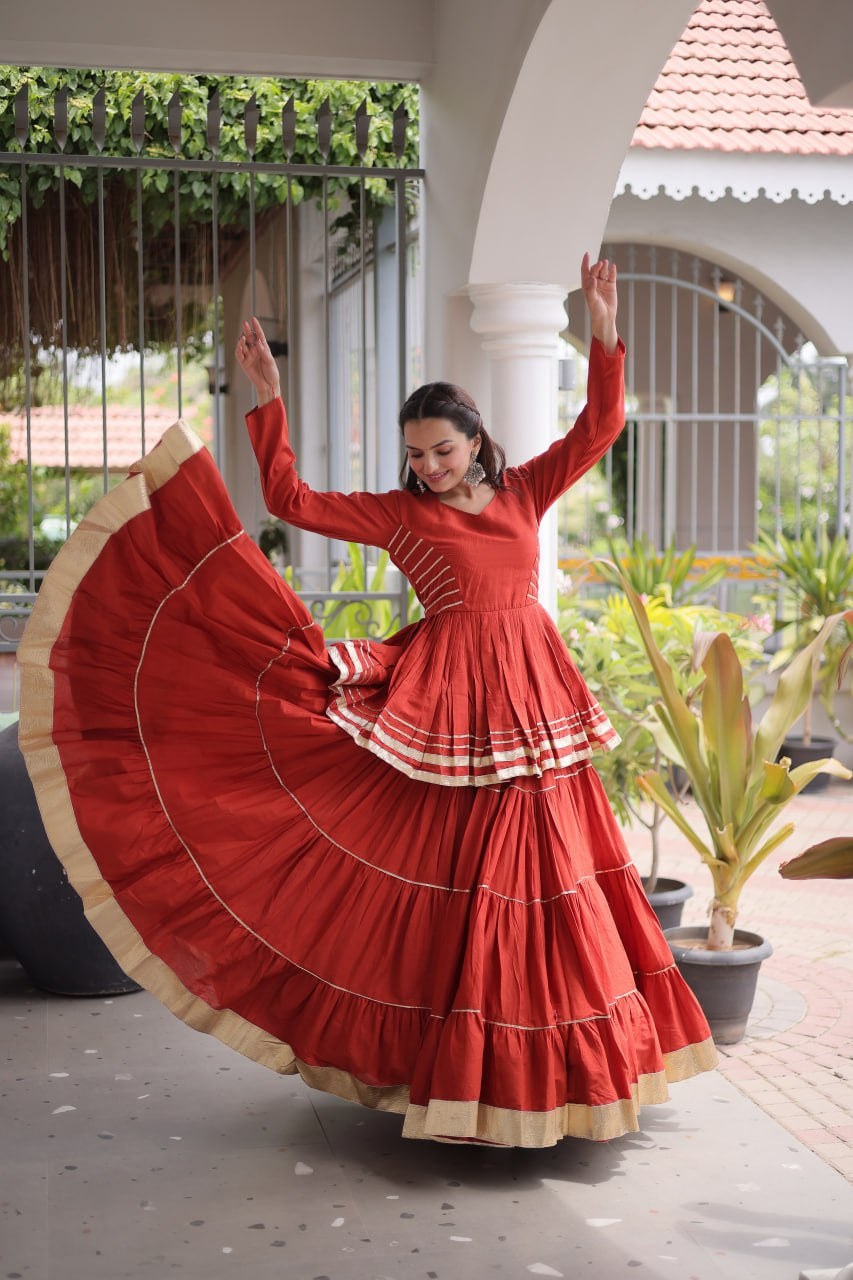 Womenline Rust Orange Tiered Navratri Lehenga Choli with Golden Border