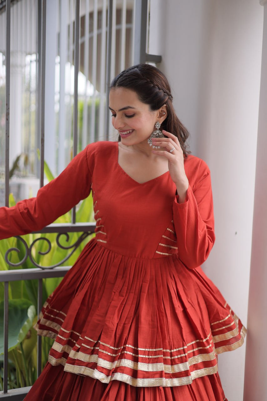 Womenline Rust Orange Tiered Navratri Lehenga Choli with Golden Border
