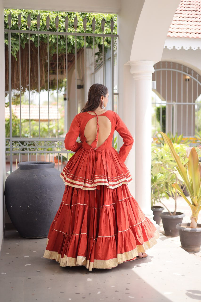 Womenline Rust Orange Tiered Navratri Lehenga Choli with Golden Border