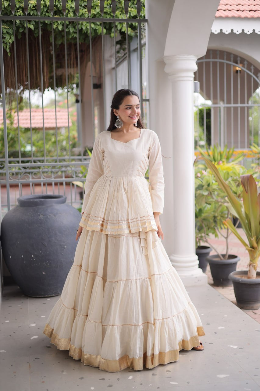 Womenline Ivory White Tiered Navratri Lehenga Choli with Golden Border
