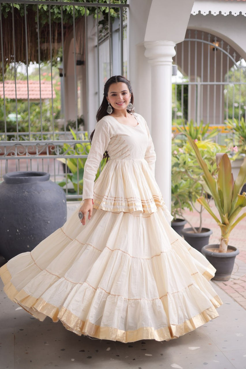 Womenline Ivory White Tiered Navratri Lehenga Choli with Golden Border
