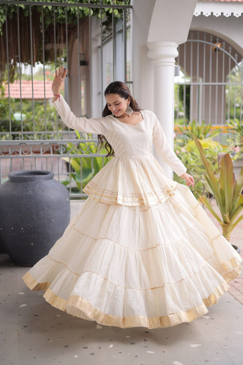 Womenline Ivory White Tiered Navratri Lehenga Choli with Golden Border