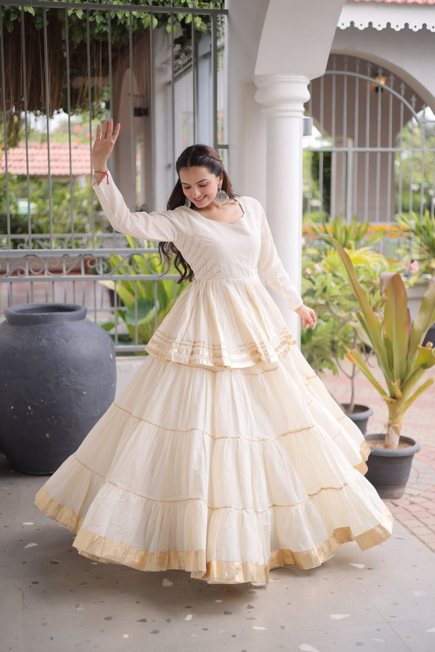 Womenline Ivory White Tiered Navratri Lehenga Choli with Golden Border
