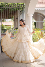 Womenline Ivory White Tiered Navratri Lehenga Choli with Golden Border