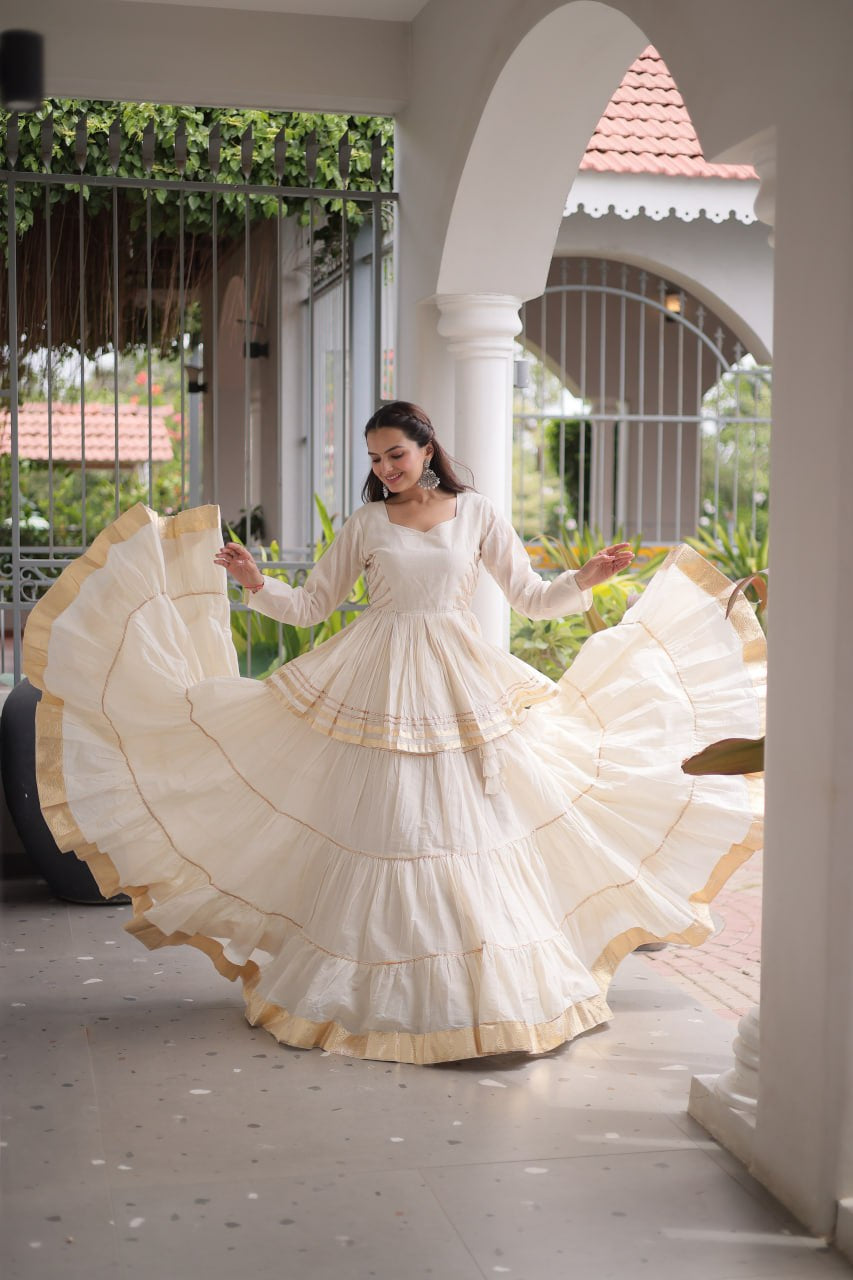 Womenline Ivory White Tiered Navratri Lehenga Choli with Golden Border