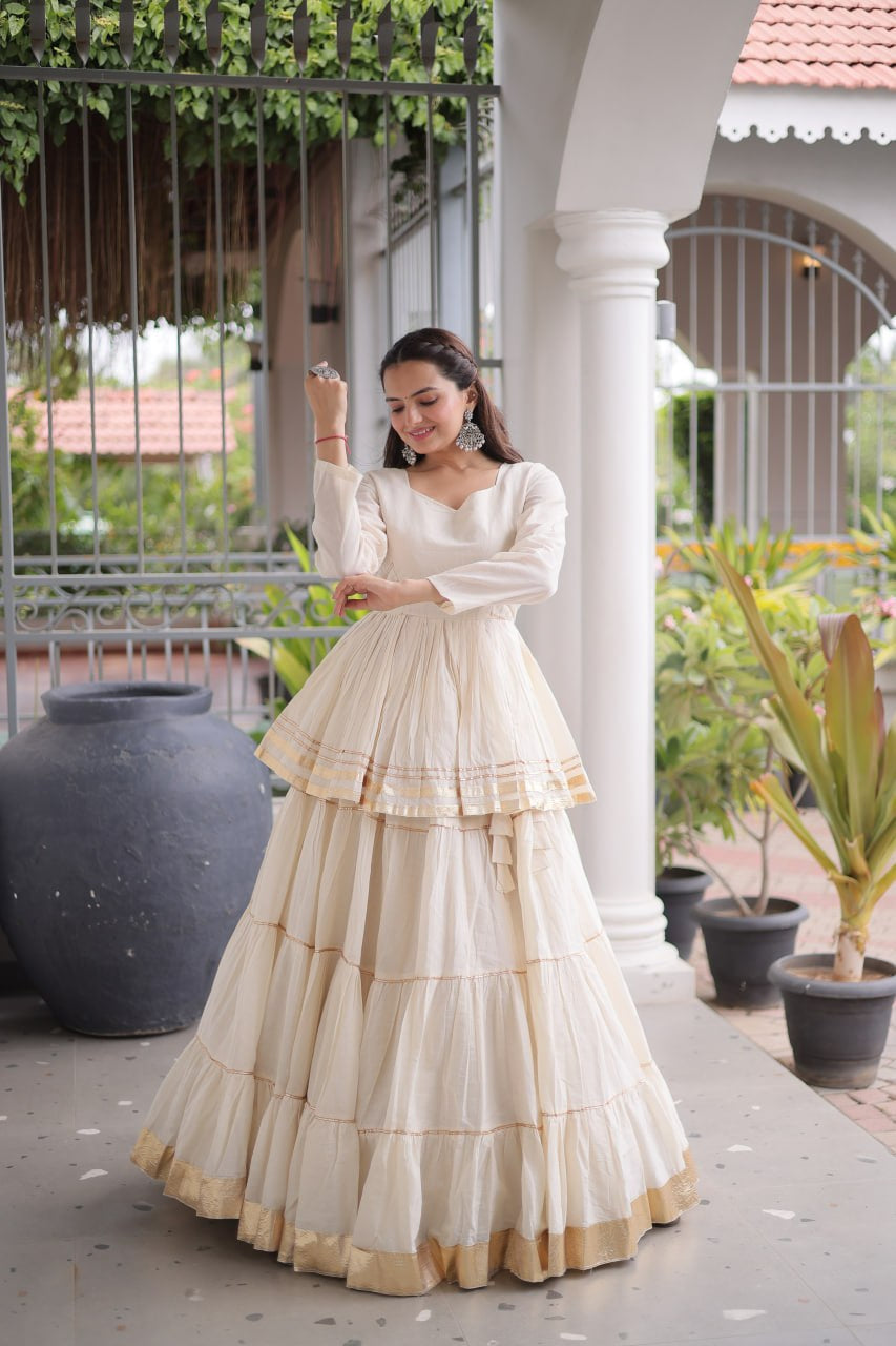 Womenline Ivory White Tiered Navratri Lehenga Choli with Golden Border