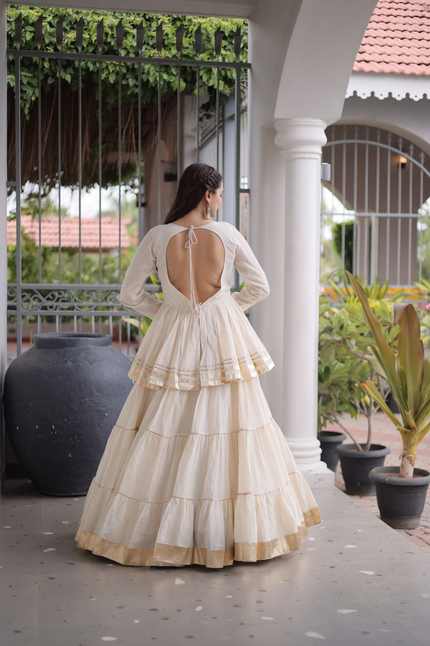 Womenline Ivory White Tiered Navratri Lehenga Choli with Golden Border