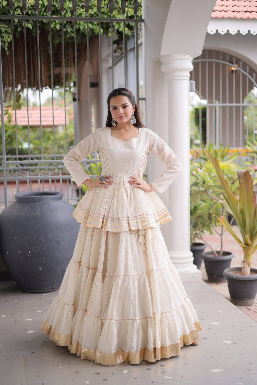 Womenline Ivory White Tiered Navratri Lehenga Choli with Golden Border