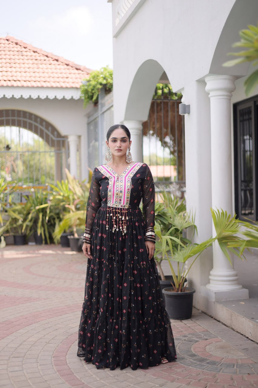 Womenline Black Printed Anarkali Gown with Mirror Work Yoke