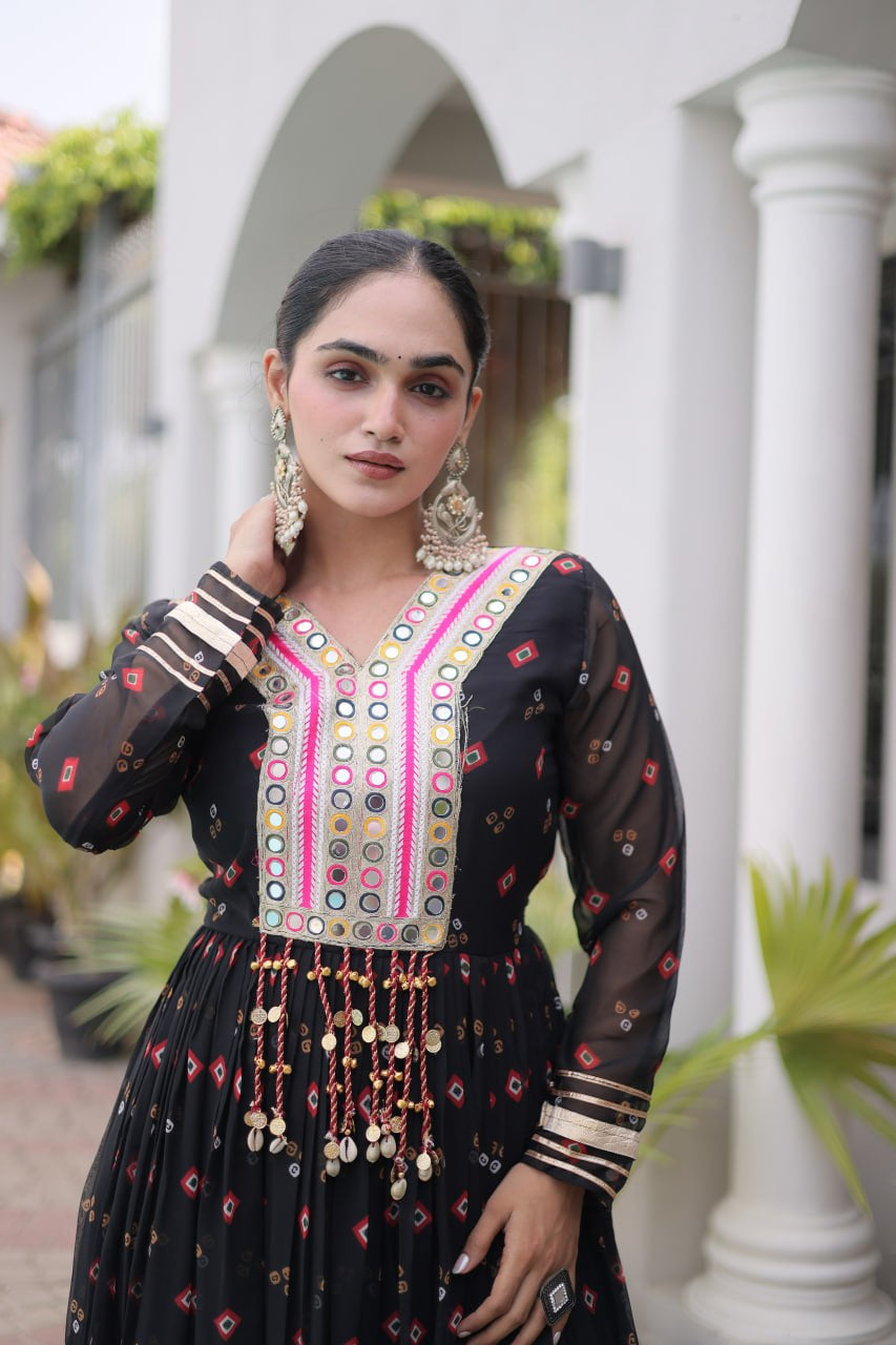 Womenline Black Printed Anarkali Gown with Mirror Work Yoke