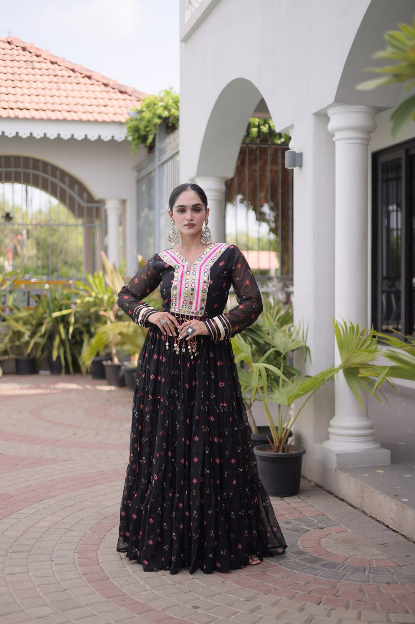 Womenline Black Printed Anarkali Gown with Mirror Work Yoke