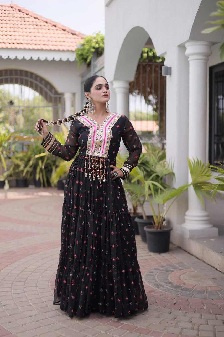 Womenline Black Printed Anarkali Gown with Mirror Work Yoke