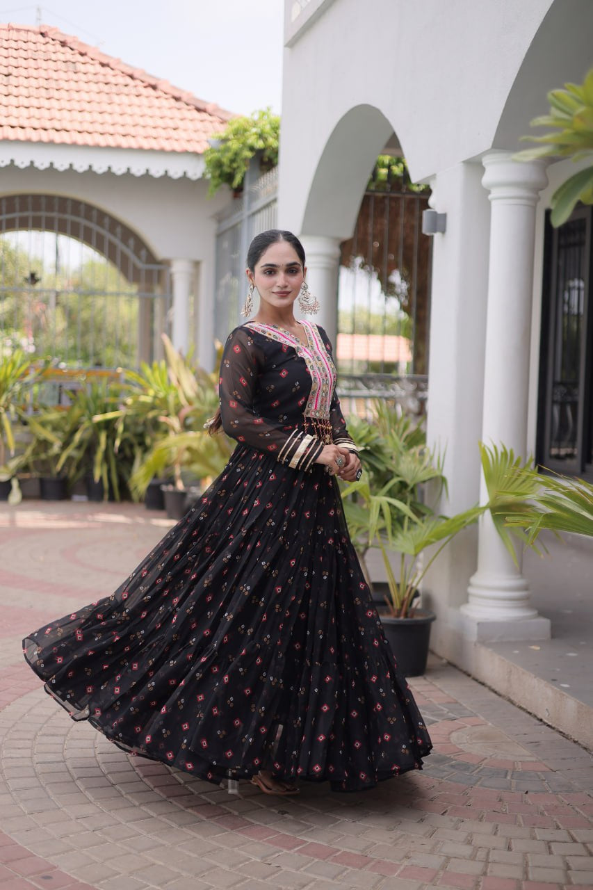Womenline Black Printed Anarkali Gown with Mirror Work Yoke