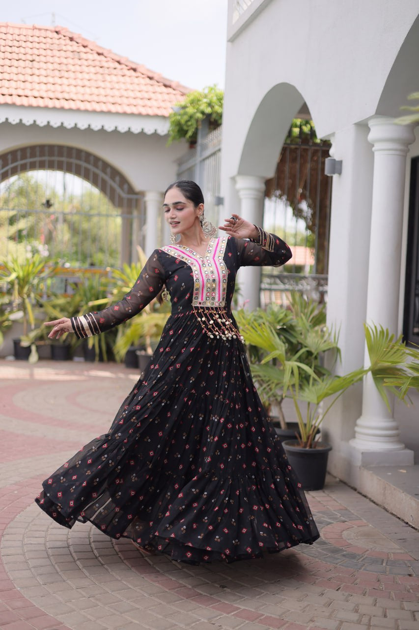 Womenline Black Printed Anarkali Gown with Mirror Work Yoke