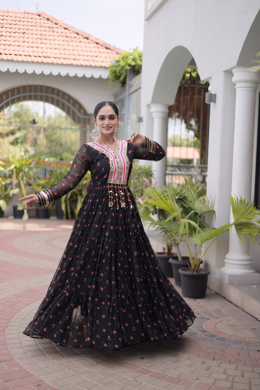 Womenline Black Printed Anarkali Gown with Mirror Work Yoke