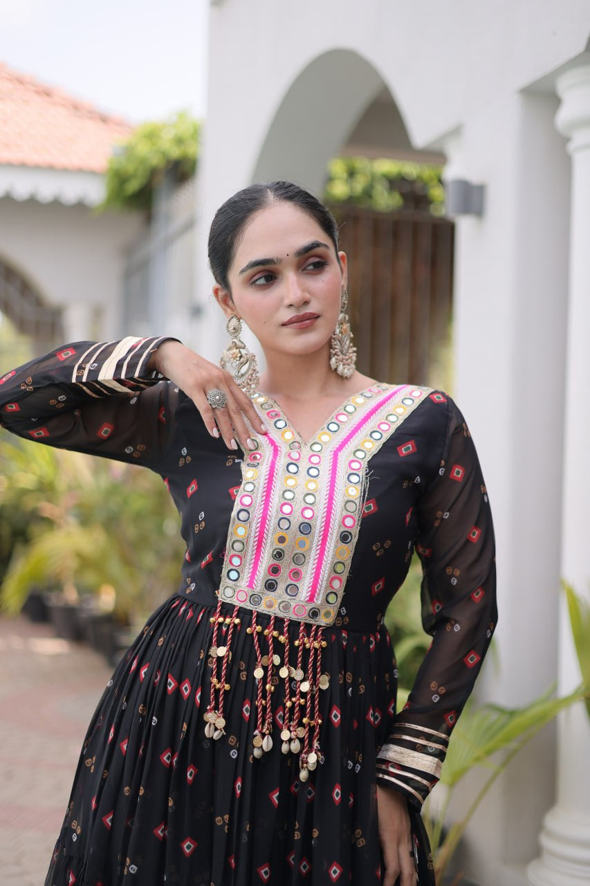 Womenline Black Printed Anarkali Gown with Mirror Work Yoke