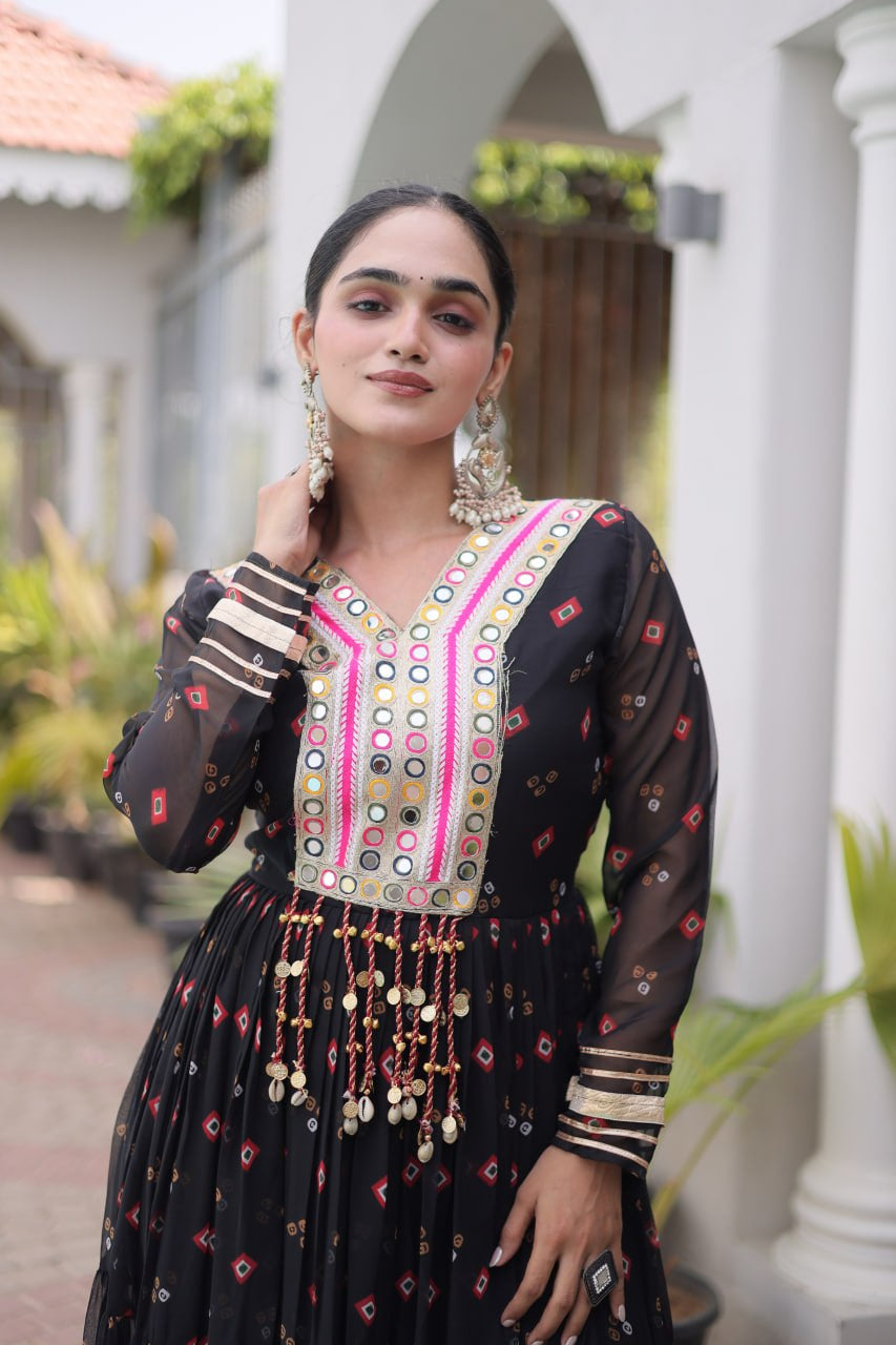 Womenline Black Printed Anarkali Gown with Mirror Work Yoke