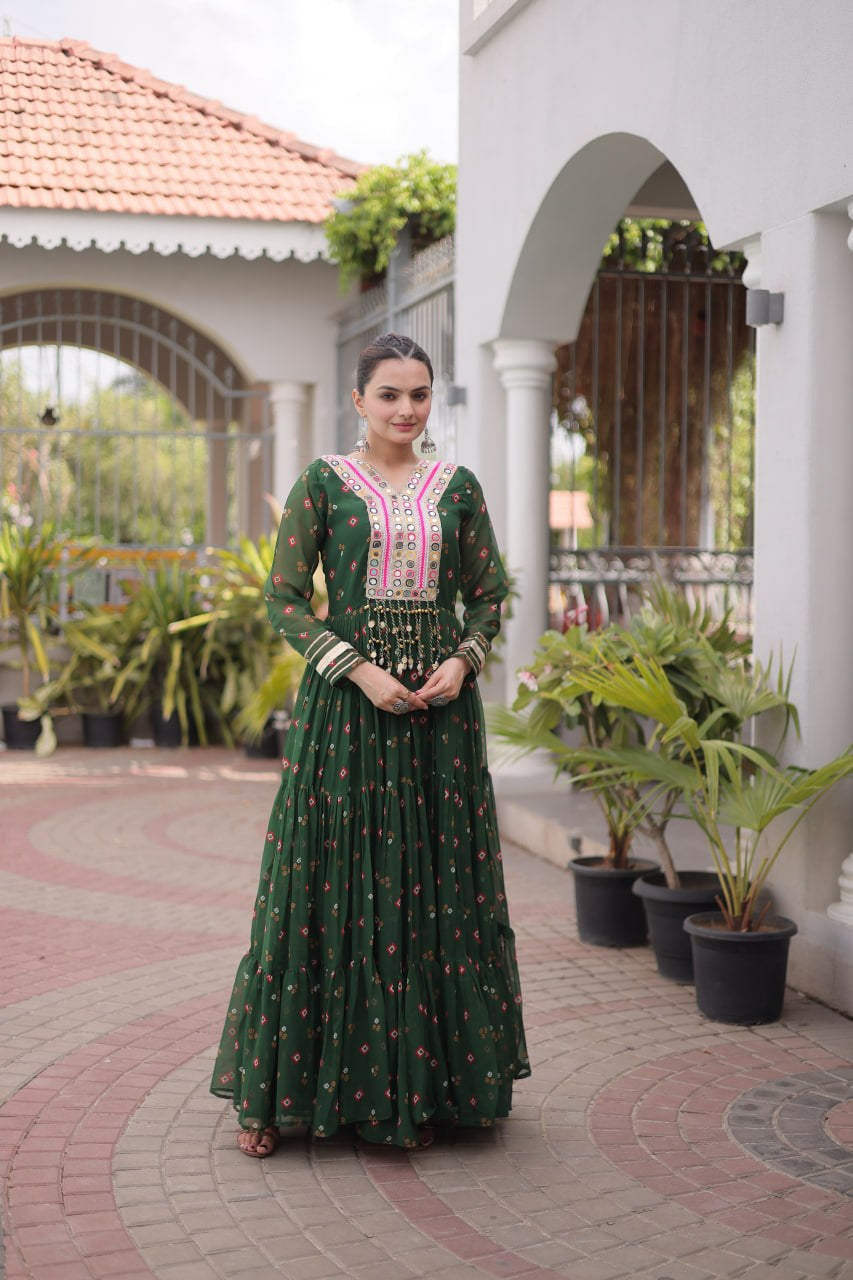 Womenline Bottle Green Printed Anarkali Gown with Mirror Work Yoke