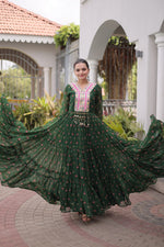 Womenline Bottle Green Printed Anarkali Gown with Mirror Work Yoke