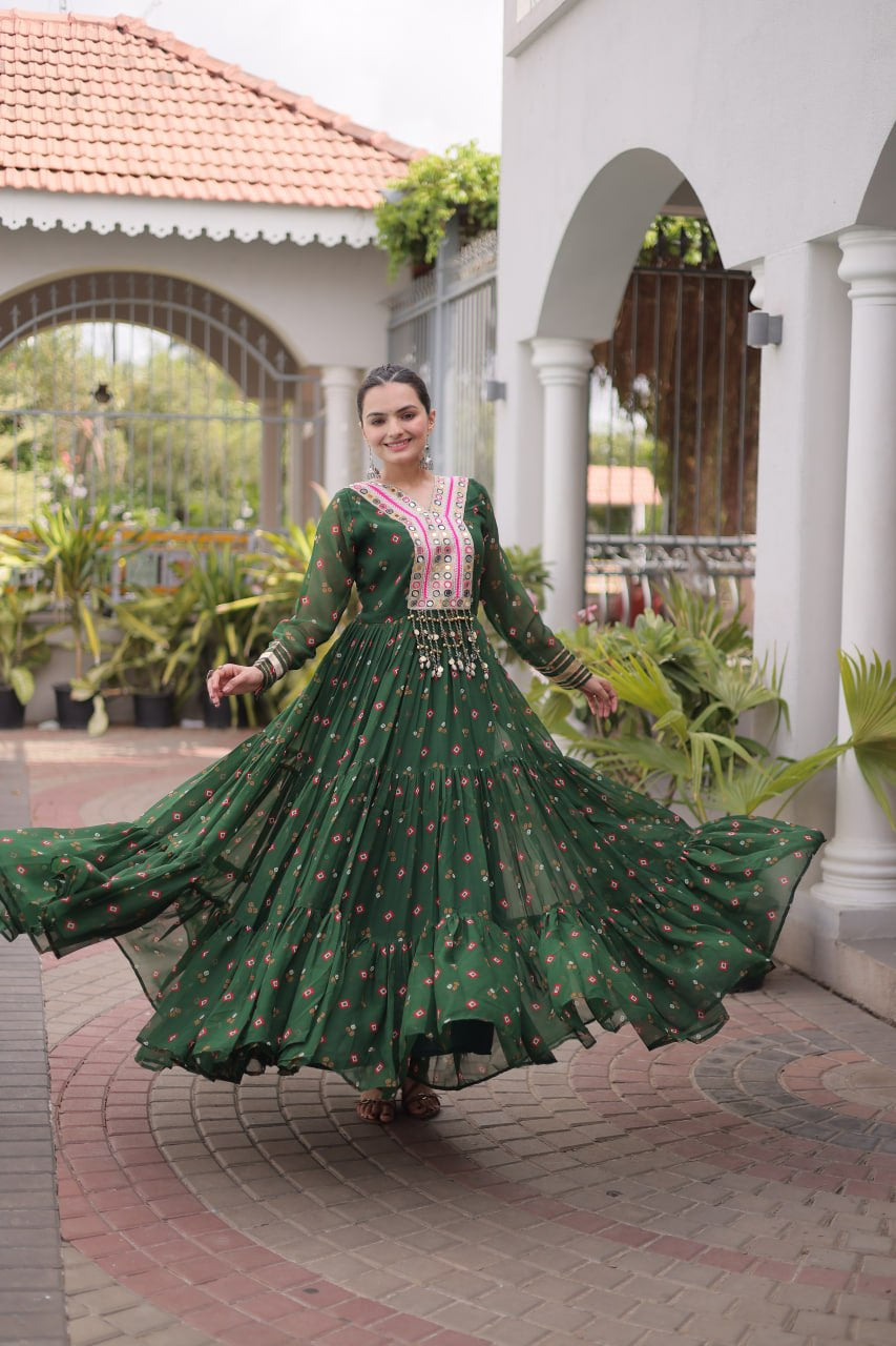 Womenline Bottle Green Printed Anarkali Gown with Mirror Work Yoke
