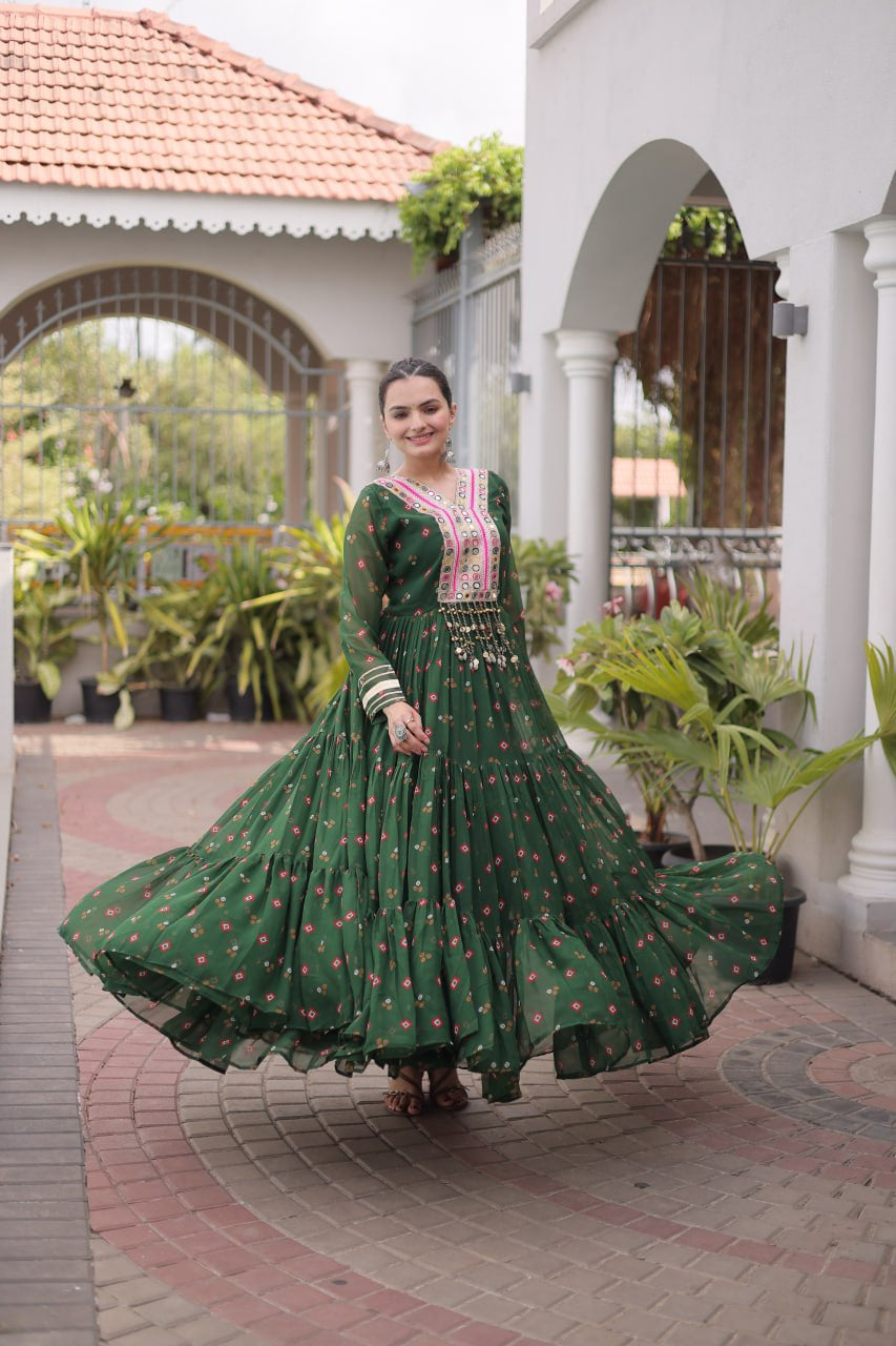 Womenline Bottle Green Printed Anarkali Gown with Mirror Work Yoke