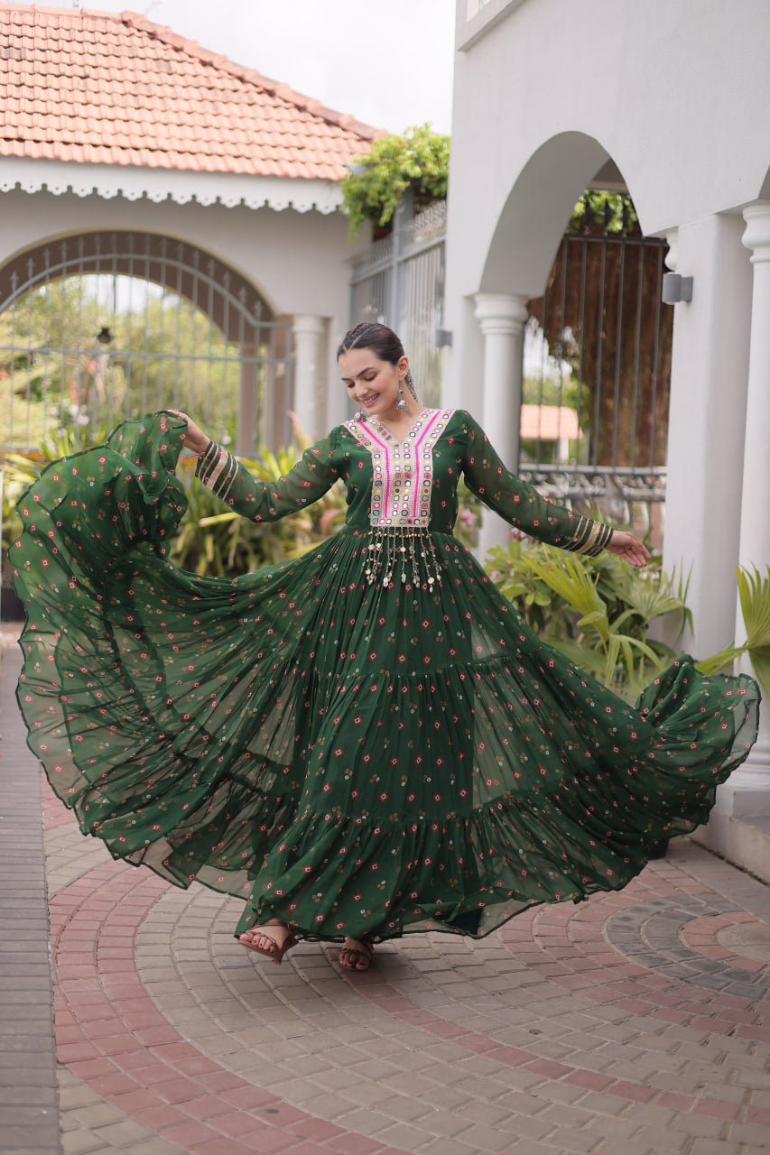 Womenline Bottle Green Printed Anarkali Gown with Mirror Work Yoke