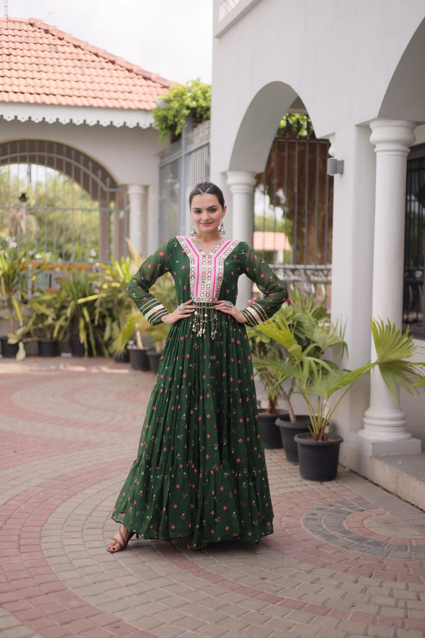 Womenline Bottle Green Printed Anarkali Gown with Mirror Work Yoke