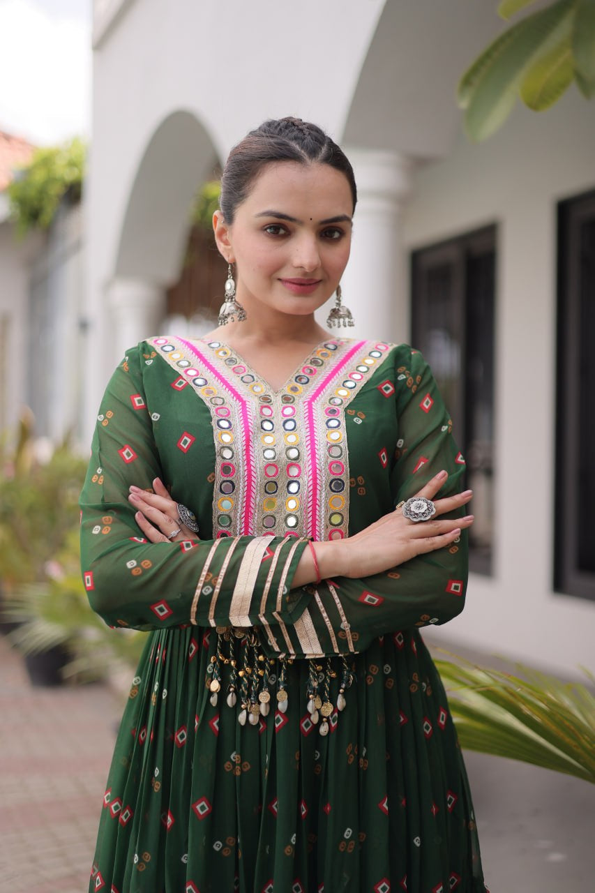 Womenline Bottle Green Printed Anarkali Gown with Mirror Work Yoke