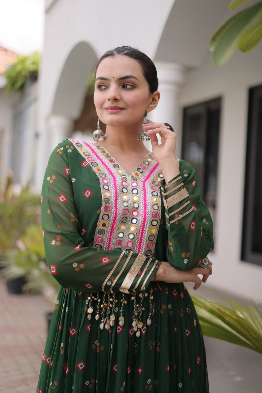 Womenline Bottle Green Printed Anarkali Gown with Mirror Work Yoke