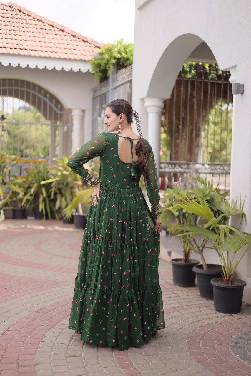 Womenline Bottle Green Printed Anarkali Gown with Mirror Work Yoke