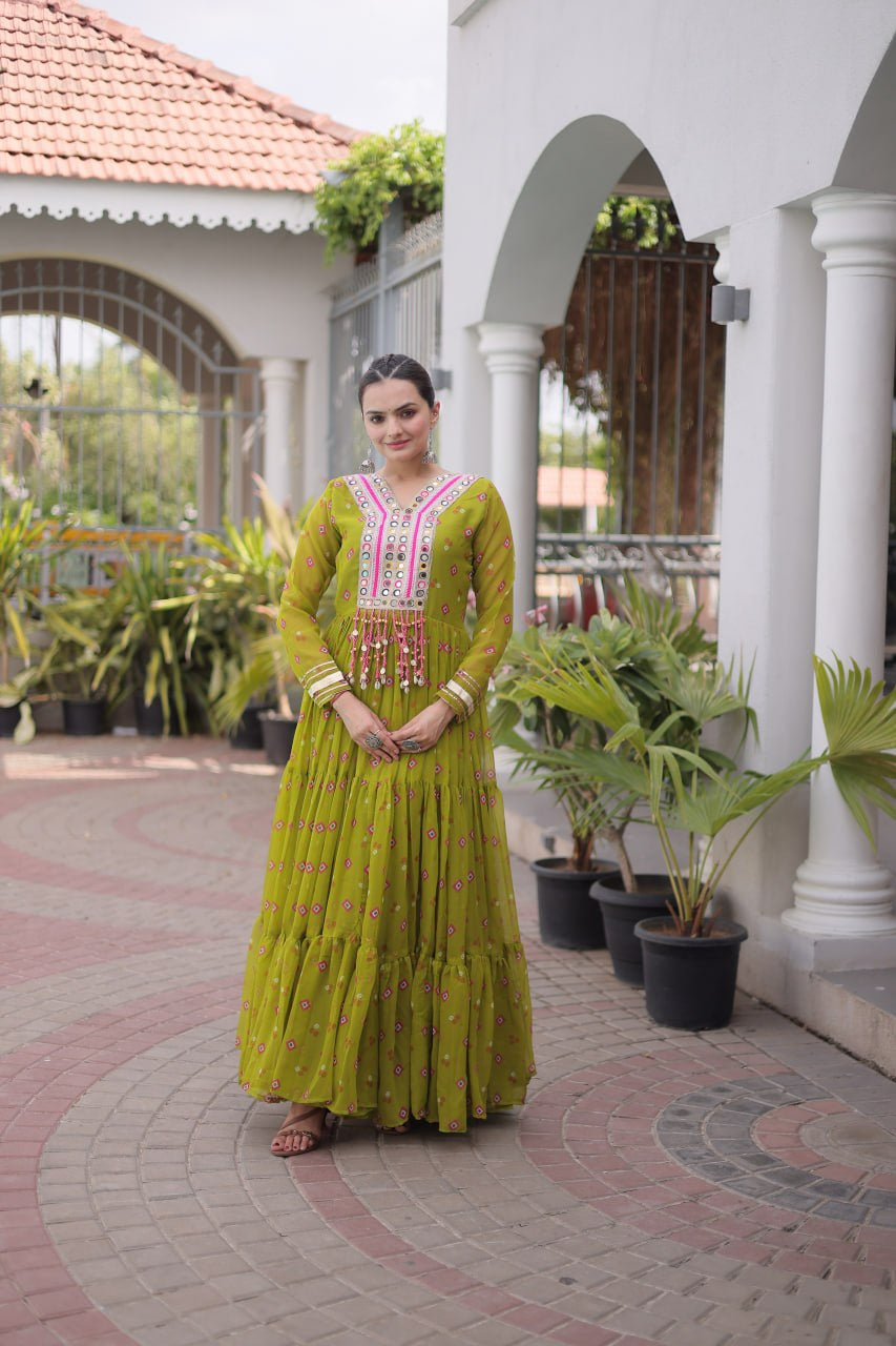 Womenline Lime Green Printed Anarkali Gown with Mirror Work Yoke