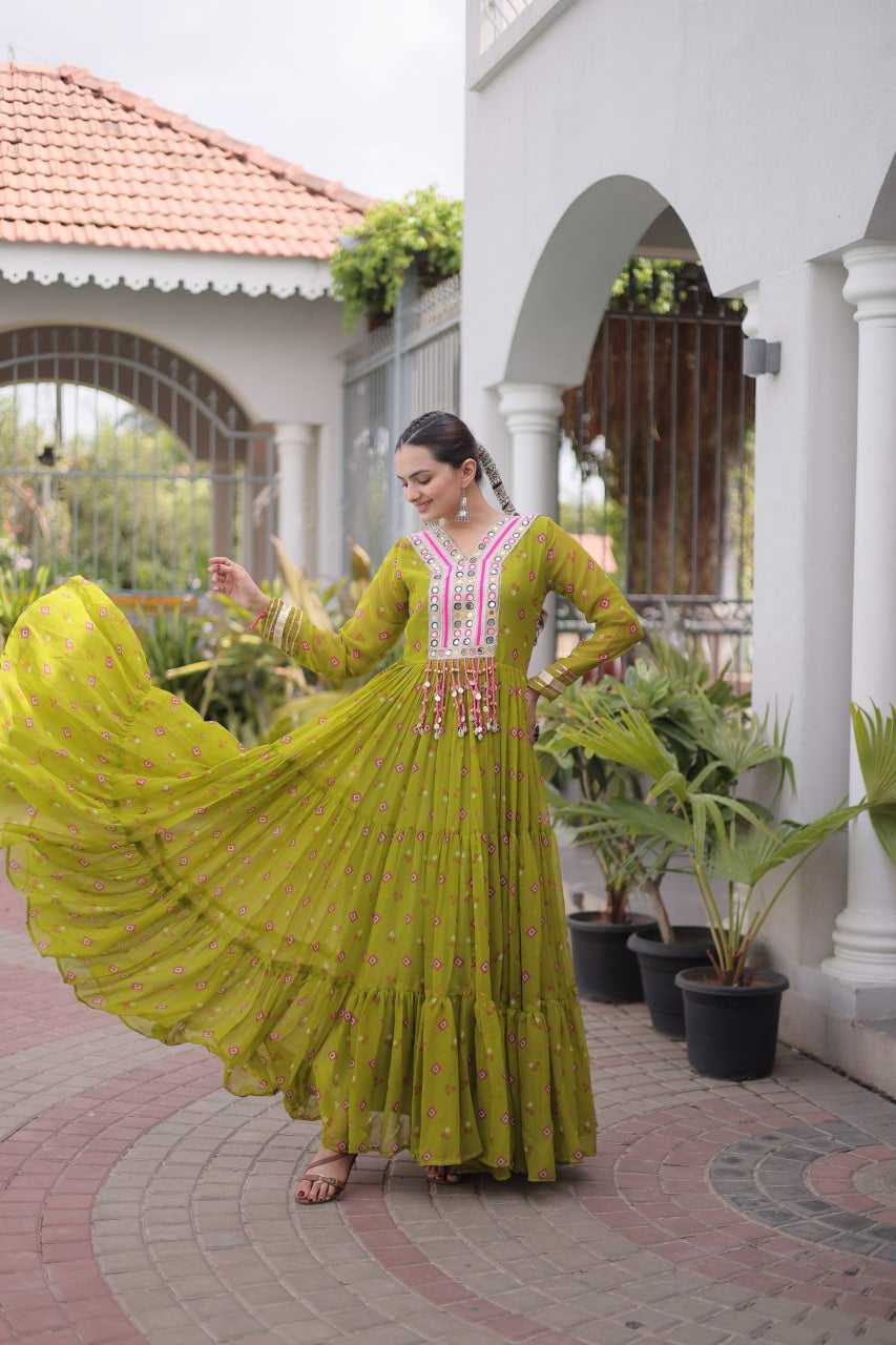 Womenline Lime Green Printed Anarkali Gown with Mirror Work Yoke