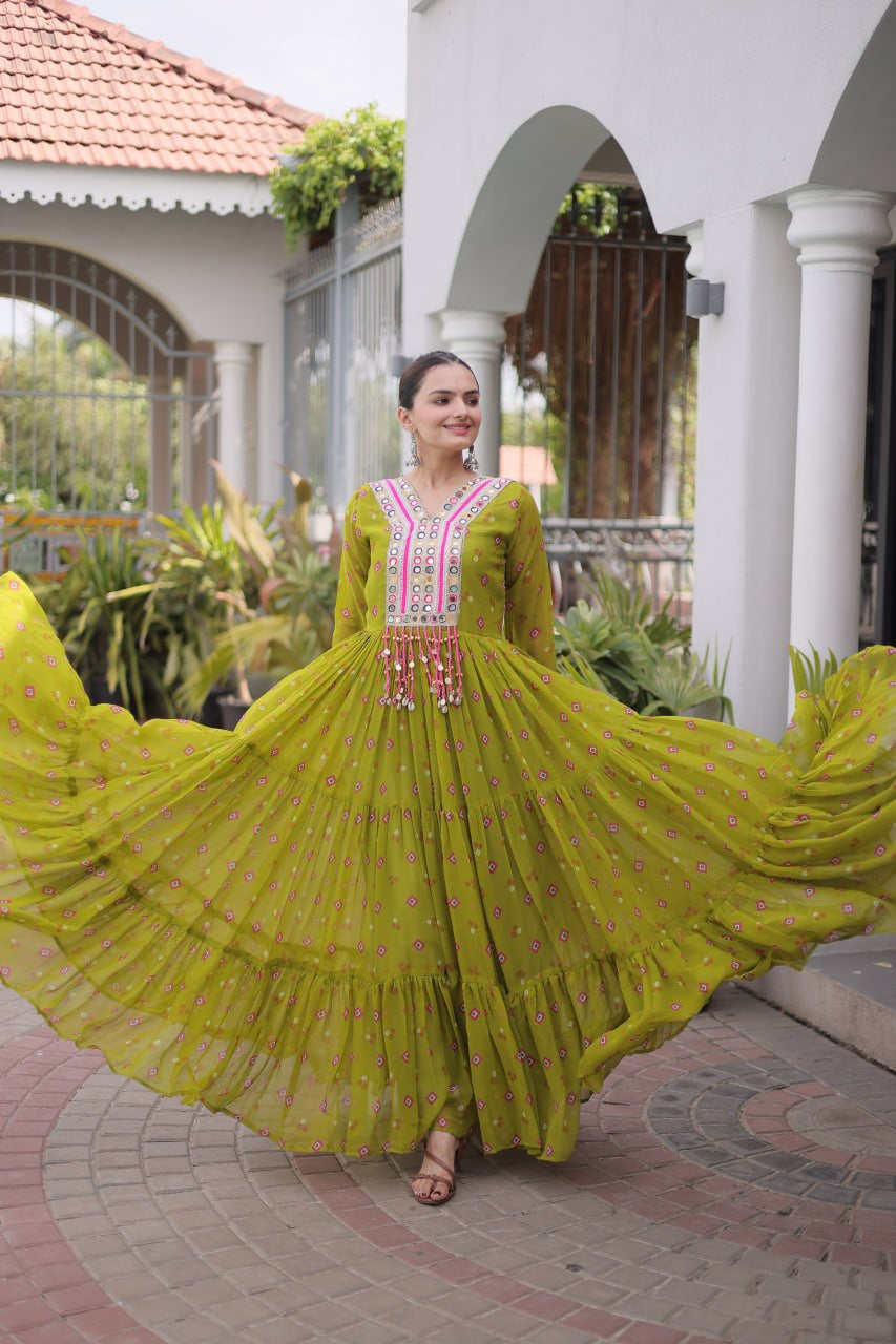 Womenline Lime Green Printed Anarkali Gown with Mirror Work Yoke