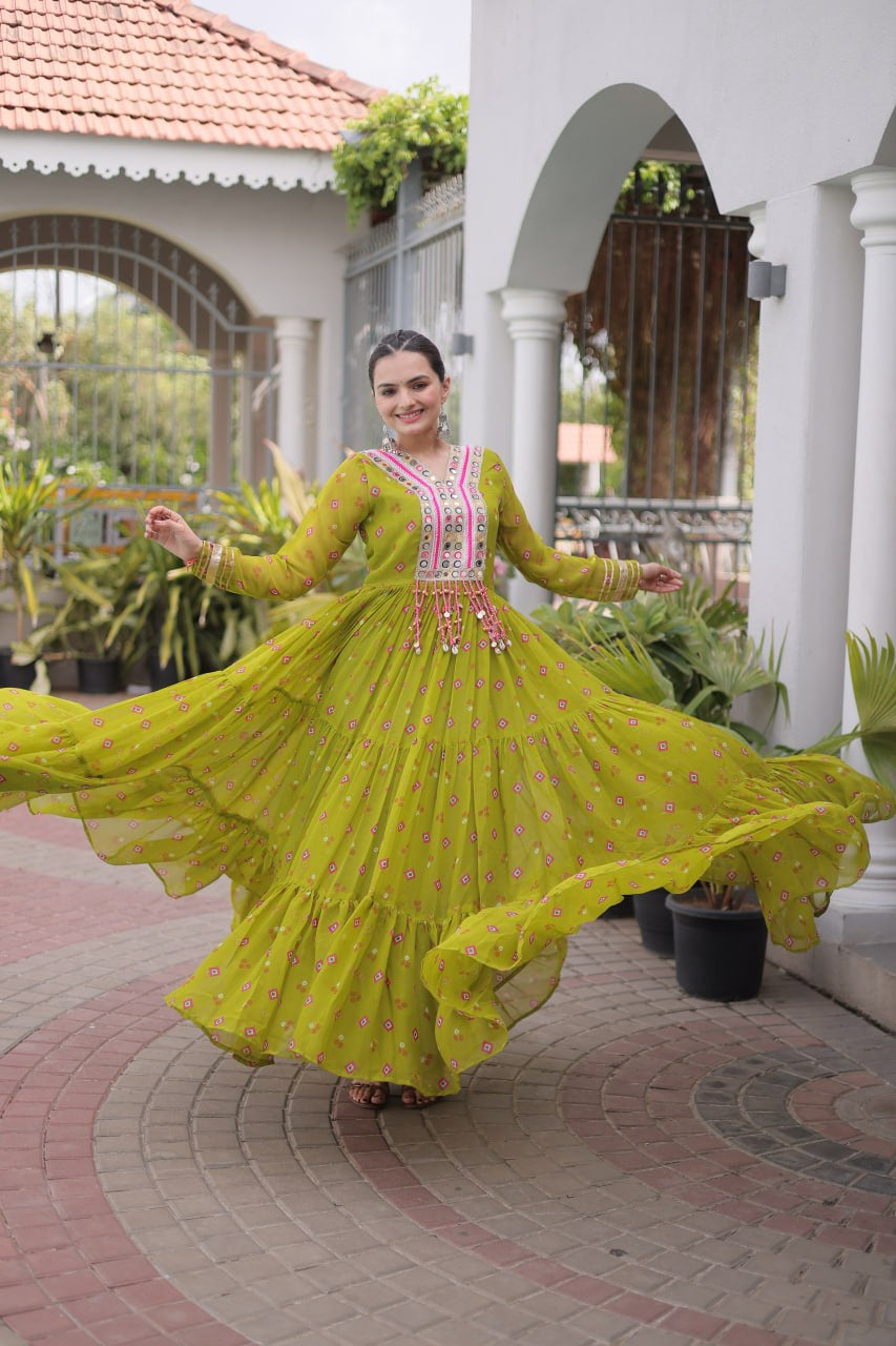 Womenline Lime Green Printed Anarkali Gown with Mirror Work Yoke