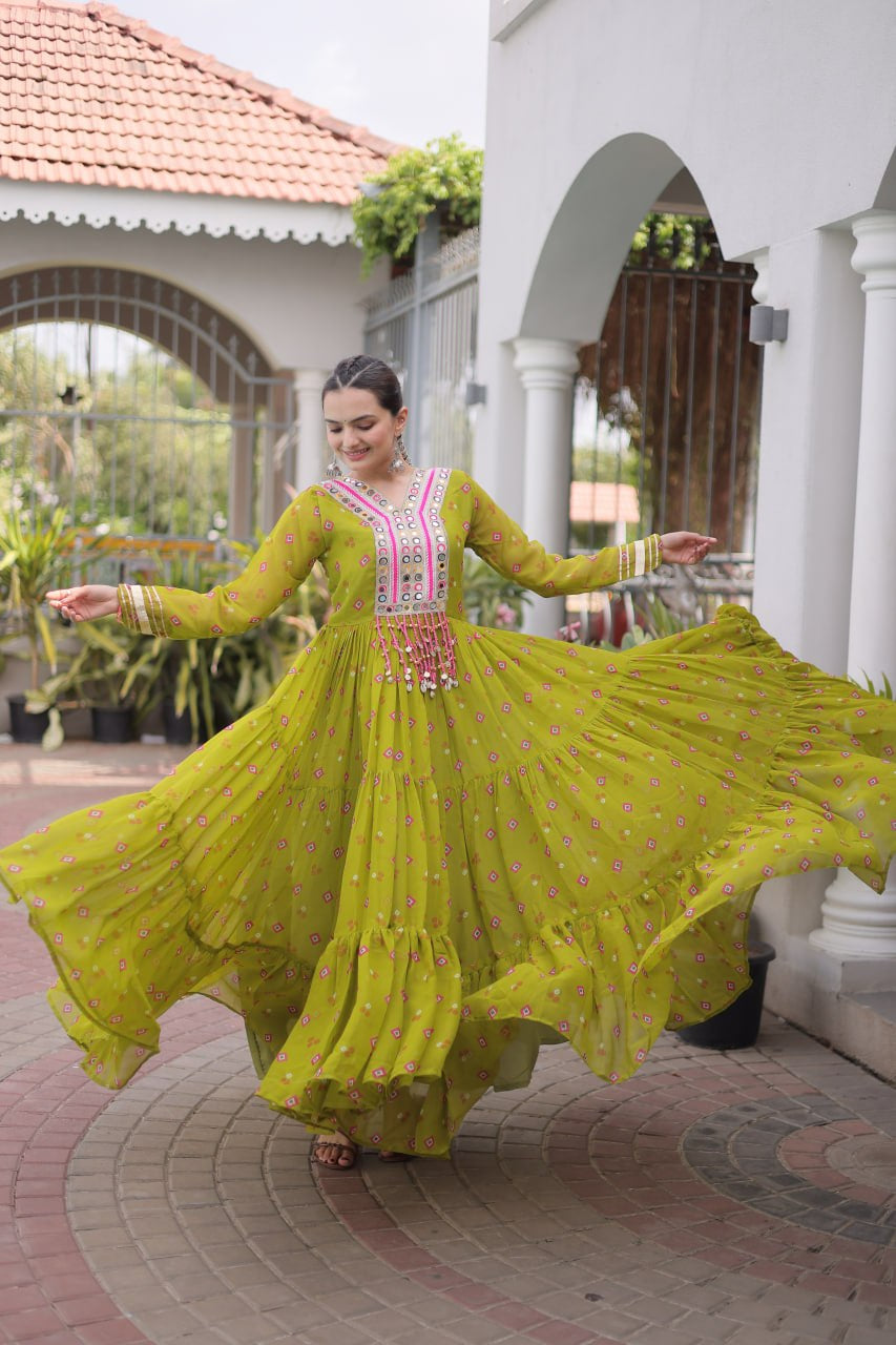 Womenline Lime Green Printed Anarkali Gown with Mirror Work Yoke