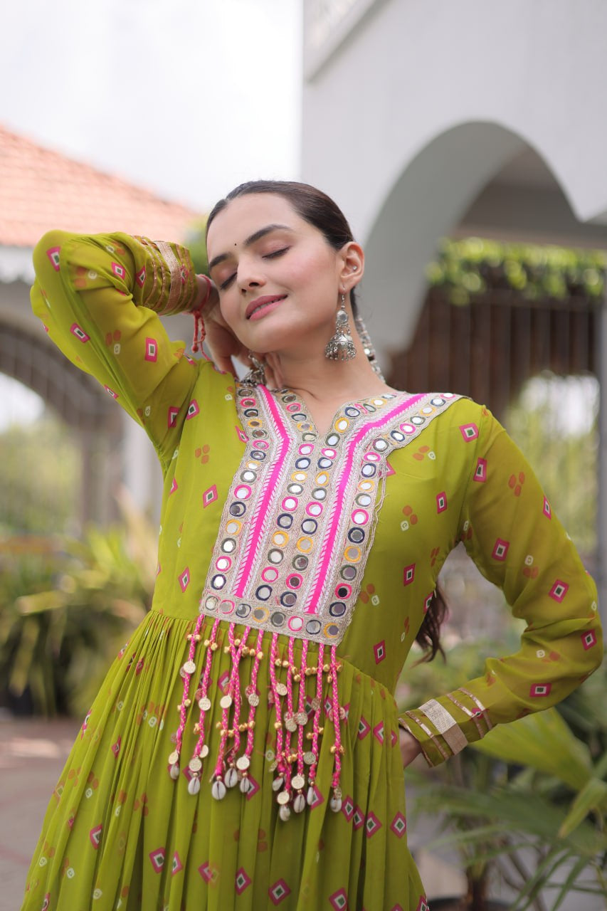 Womenline Lime Green Printed Anarkali Gown with Mirror Work Yoke