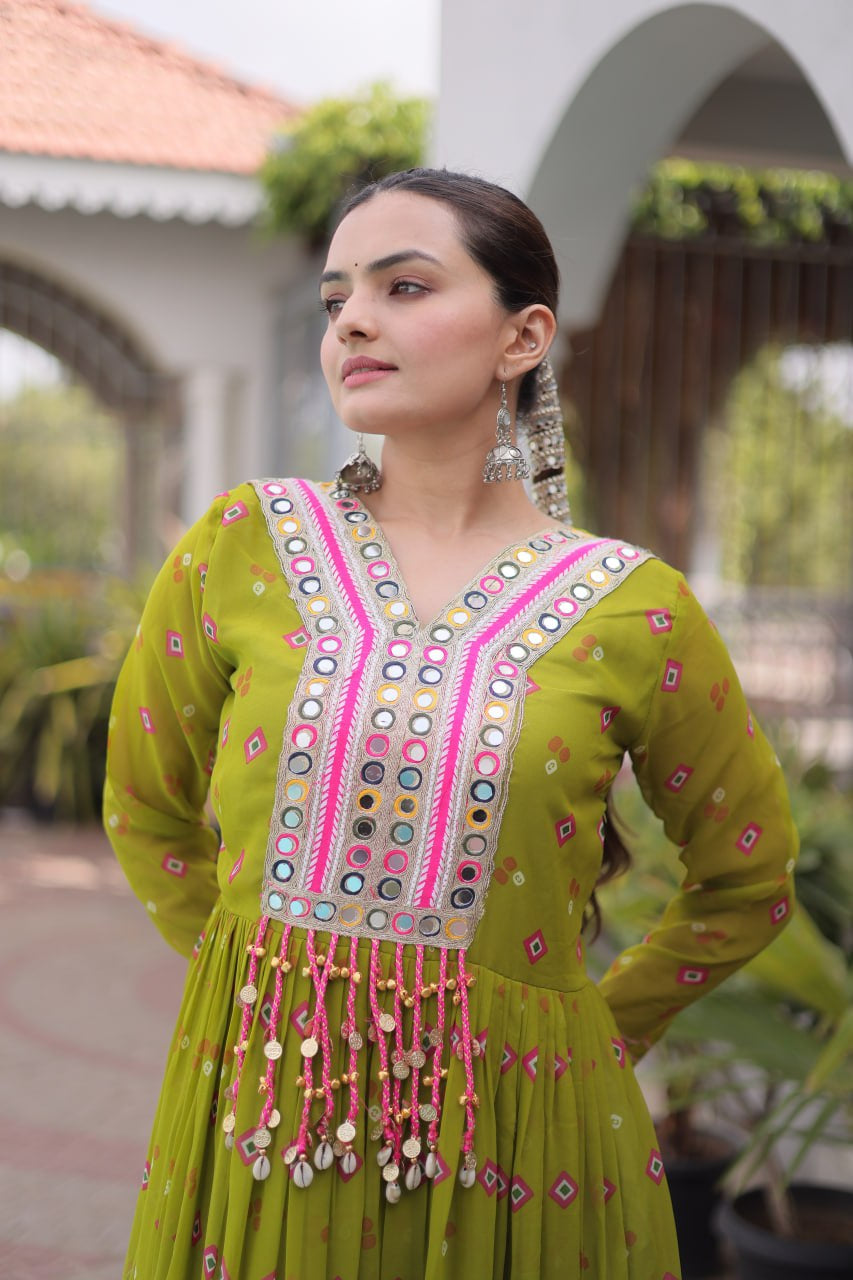 Womenline Lime Green Printed Anarkali Gown with Mirror Work Yoke