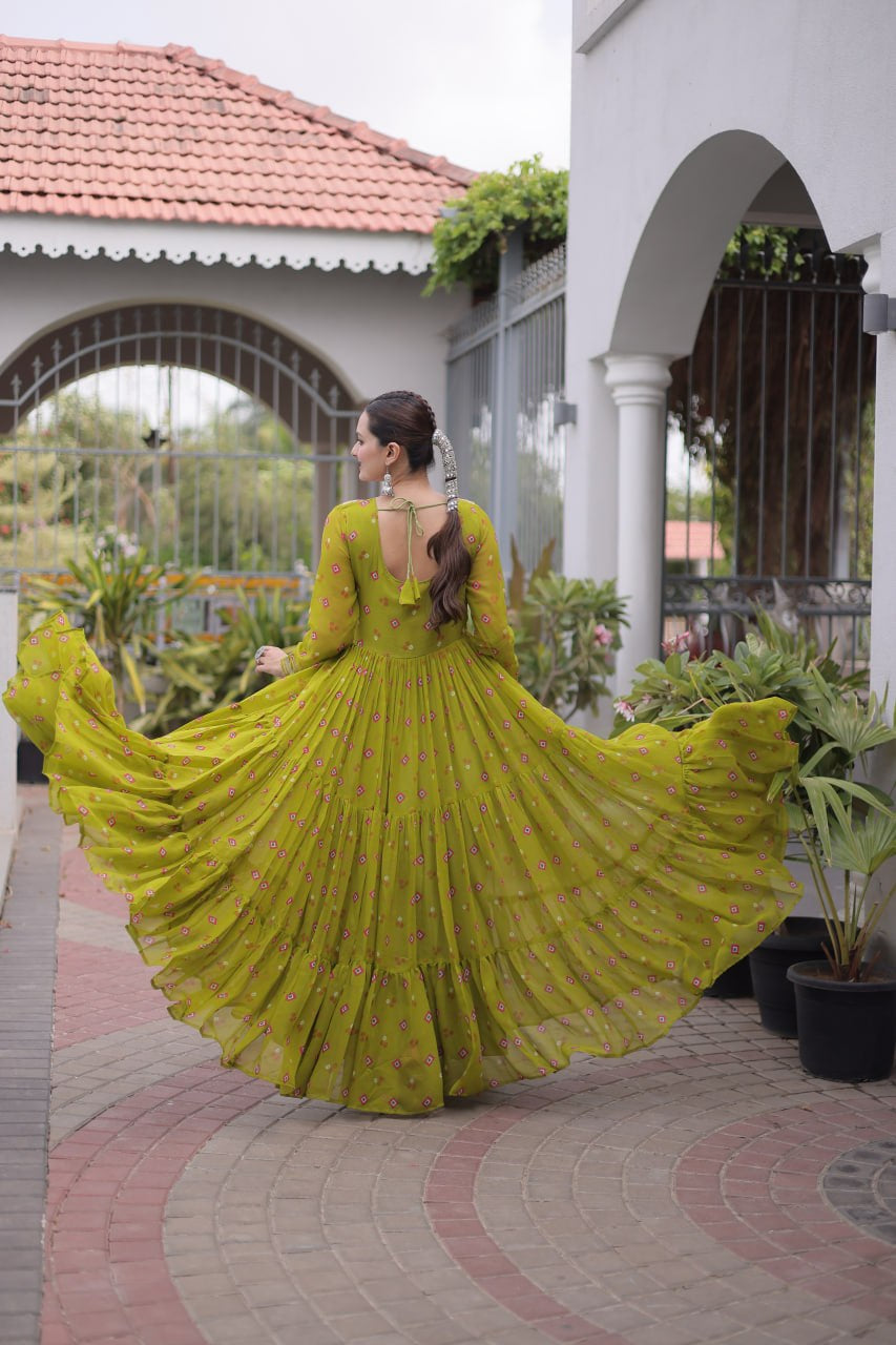Womenline Lime Green Printed Anarkali Gown with Mirror Work Yoke