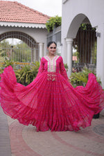 Womenline Pink Printed Anarkali Gown with Mirror Work Yoke