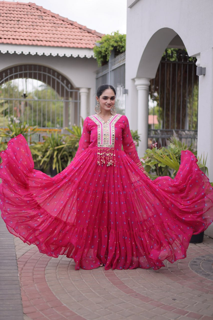 Womenline Pink Printed Anarkali Gown with Mirror Work Yoke
