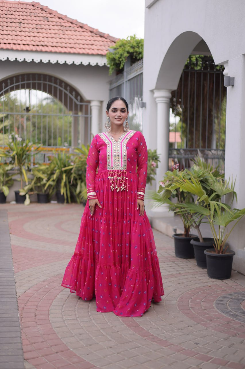 Womenline Pink Printed Anarkali Gown with Mirror Work Yoke